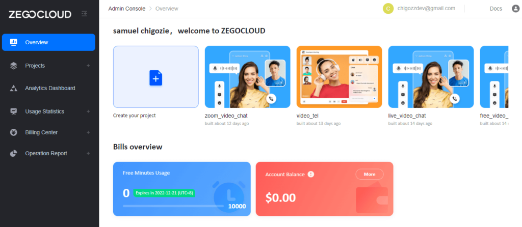 ZEGOCLOUD dashboard zoom api