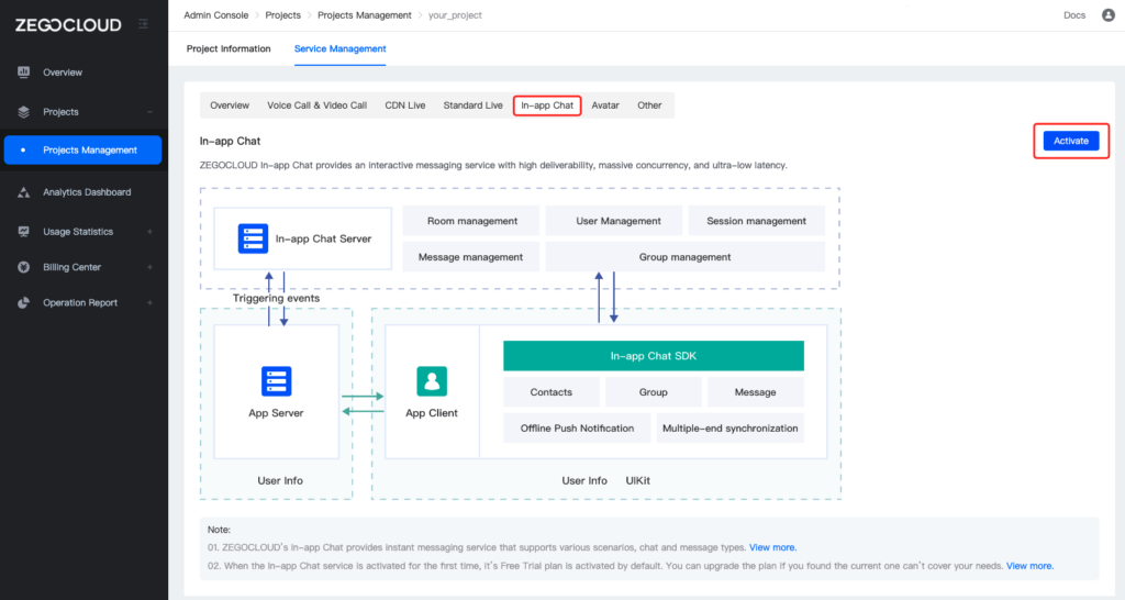 In-app Chat service activation