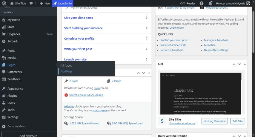 create wordpress page