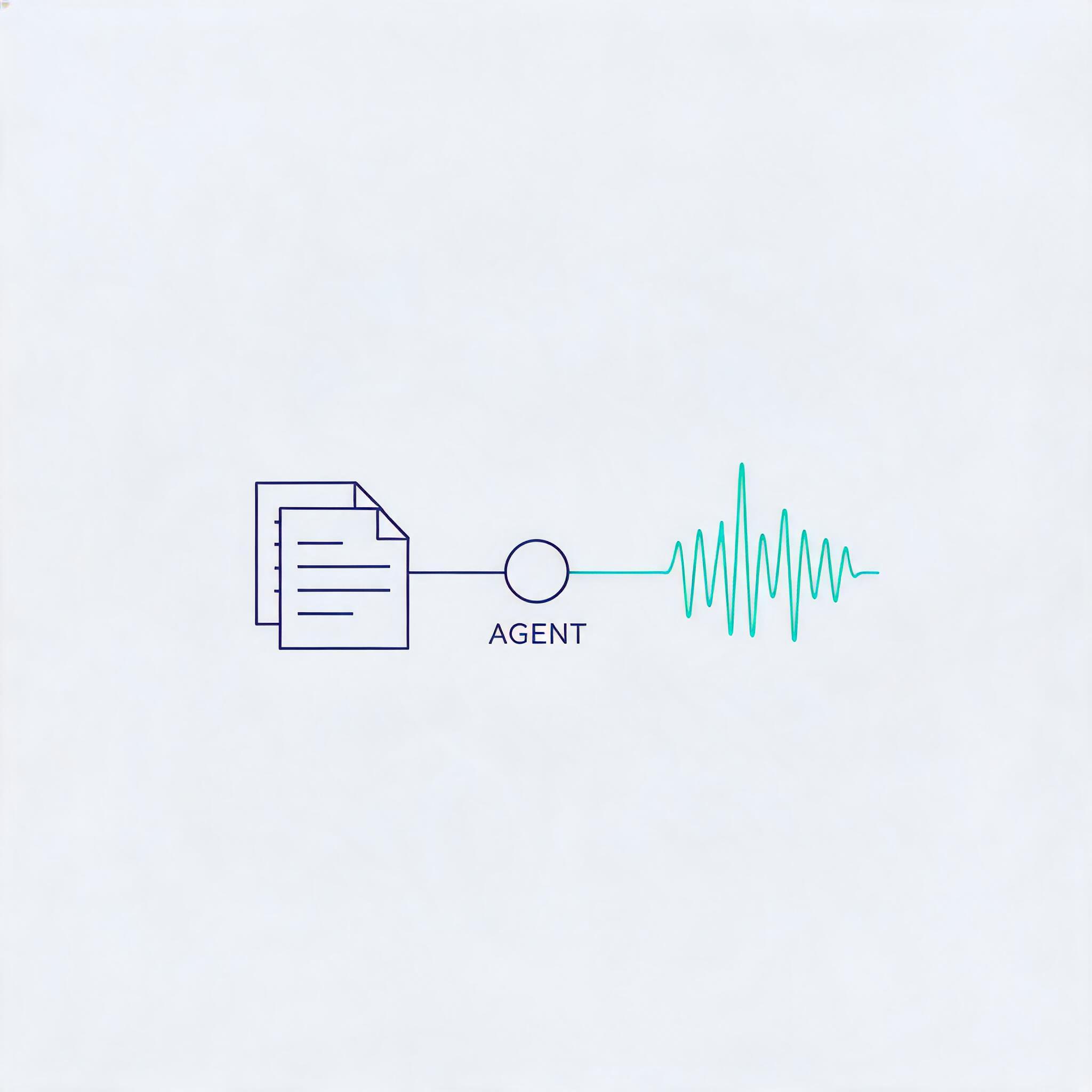 Abstract line-art diagram of a RAG AI agent node connected to a stack of knowledge documents on one side and a real-time soundwave on the other