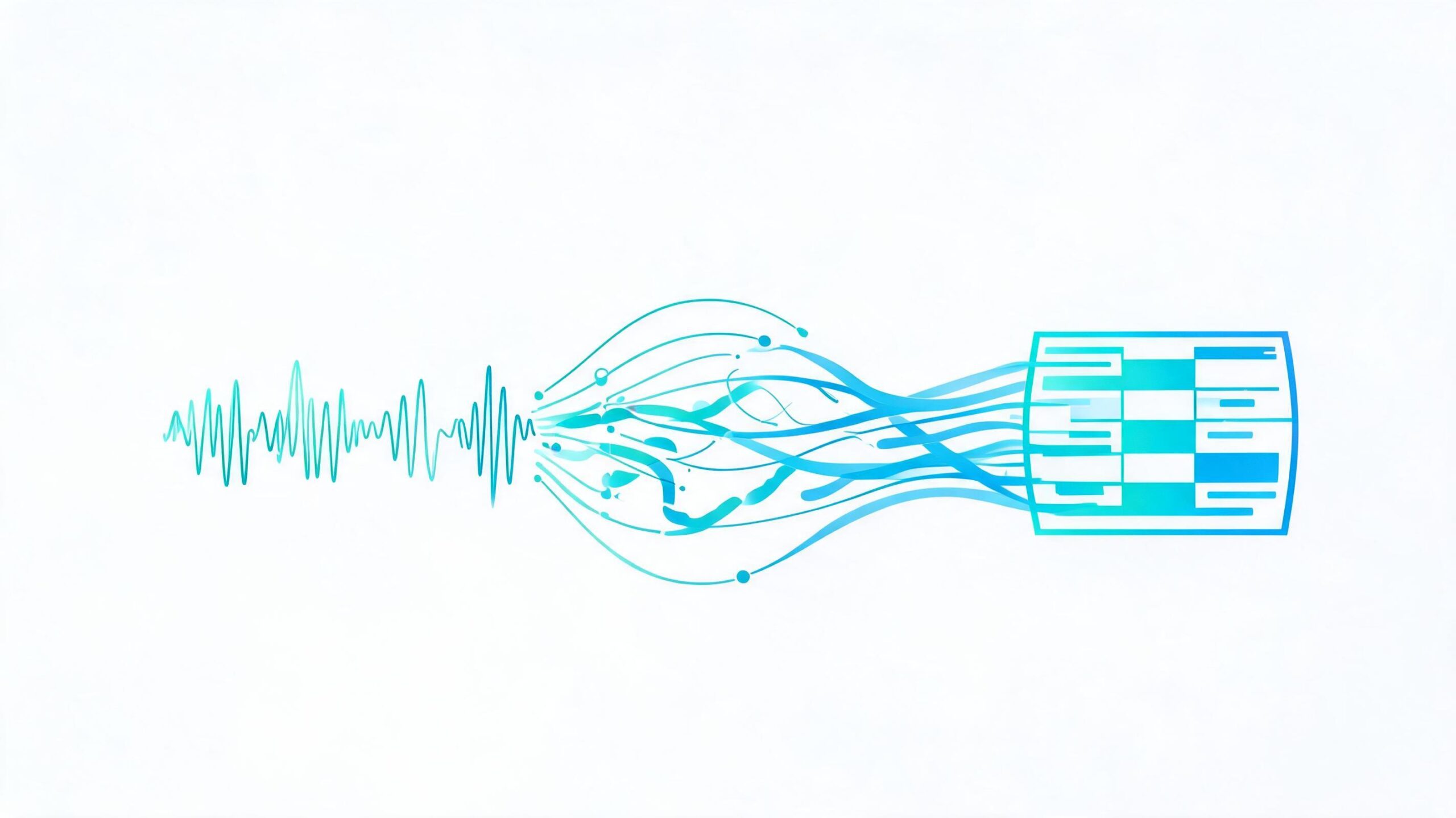 Abstract illustration of an audio waveform turning into text ribbons that merge with a live video broadcast signal, representing real-time speech-to-text captions in live streaming.